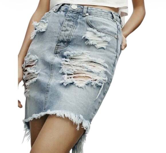 One Teaspoon Dresses & Skirts - One Teaspoon  Distressed High-Low Denim Pencil Skirt